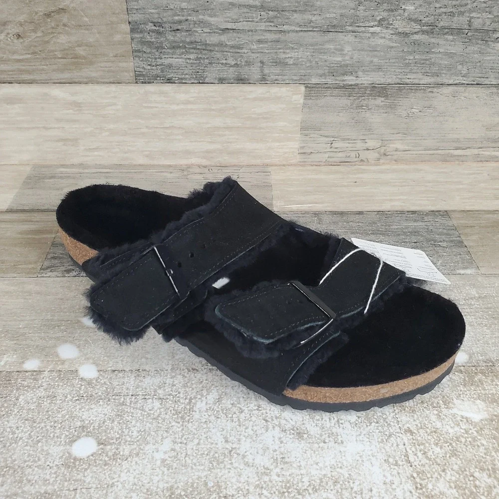 Birkenstock Arizona Mens Slides Sandals Sz 10 Casual Black Shearling Leather